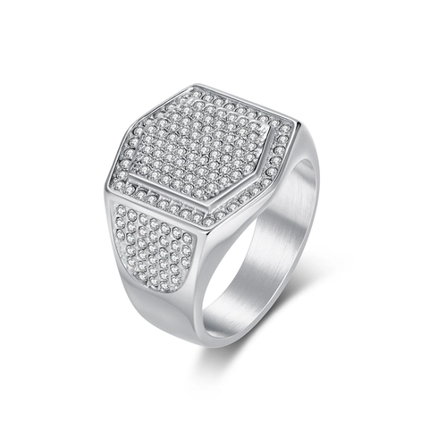 Anillo Hip Hop Hexagonal de Lujo para Hombre Acero Inoxidable Chapado en Oro Iced Out Totalmente de Strass Joyería