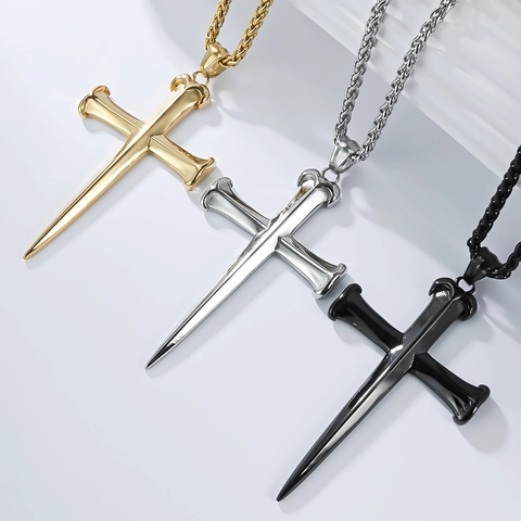 Vintage Stainless Steel Cross Necklace For Men Punk Gothic Nail Design Cross Pendant Polished Steel Gold Black Mens Jewelry
