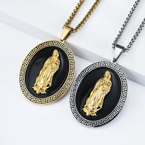 Jungfrau Maria Religiöse Ovale Anhänger Halskette Edelstahl Vergoldet Mäander Muster Retro Schmuck Für Herren Damen