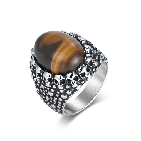 Anillo de Acero Inoxidable Vintage Punk para Hombre Calavera Piedra Ojo de Tigre Ovalada Anillo Rock Gótico Biker Joyería Street
