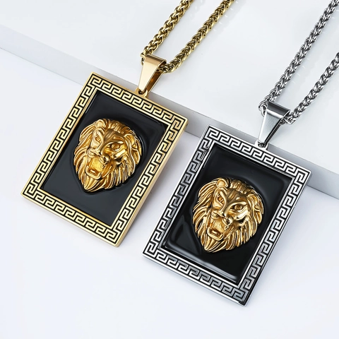 Collana con Pendente Testa di Leone da Uomo in Acciaio Inossidabile Retrò Hip Hop Punk Motivo Greca Gioielli Lucidati