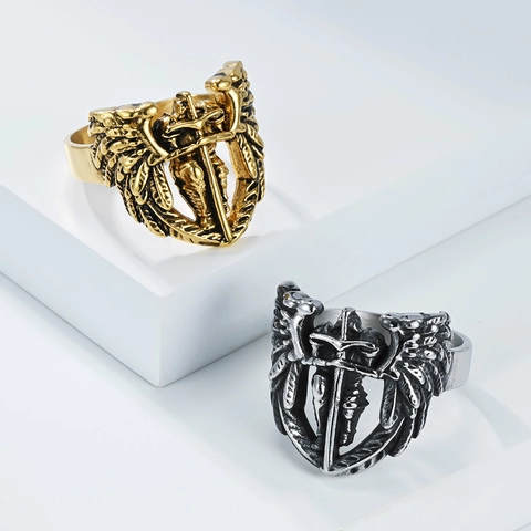 Anello da Uomo Vintage San Michele Ali d'Angelo Croce Spada Scudo Acciaio Inossidabile Gothic Punk Biker Band Ring Gioielli Uomo