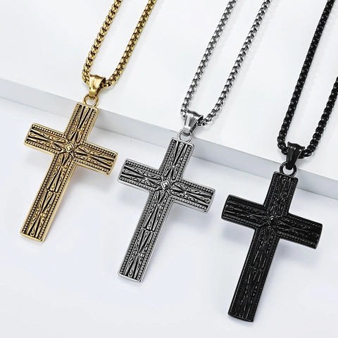 Vintage Gothic Herren Kreuz Anhänger Halskette Edelstahl Religiös Punk Stil Reliefmuster Kette Schmuck Für Männer