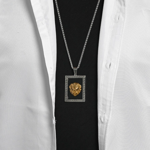 Collana con Pendente Testa di Leone da Uomo in Acciaio Inossidabile Retrò Hip Hop Punk Motivo Greca Gioielli Lucidati
