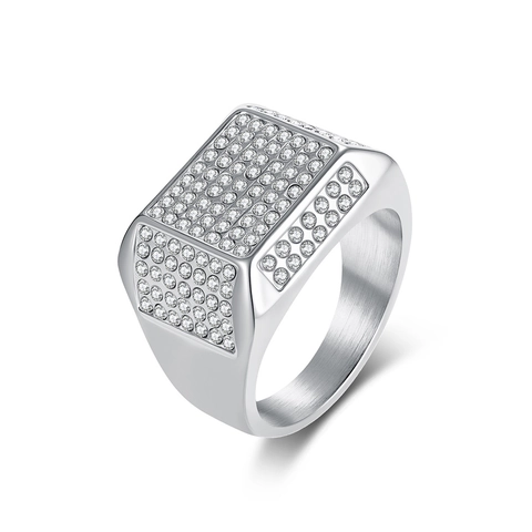 Anillo de Sello Hip Hop Iced Out para Hombre Acero Inoxidable Cuadrado con Pavé de Strass Chapado en Oro 18K Punk Joyería