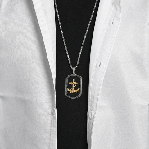 Collar de Acero Inoxidable Vintage con Colgante de Ancla Náutica para Hombre Hip Hop Esmalte Negro Placa Greca Joyería Regalo