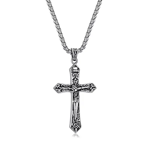 Vintage Roestvrij Staal Kruisbeeld Jezus Kruis Hanger Halsketting Retro Verweerd Gothisch Reliëf Religieuze Sieraden Voor Heren Dames
