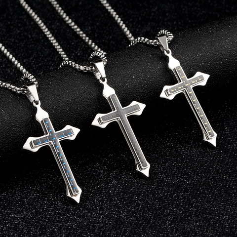 Trendy Kruis Hanger Ketting Roestvrij Staal Met Koolstofvezel Inleg Industriële Stijl Heren Dames Religieuze Sieraden Accessoire
