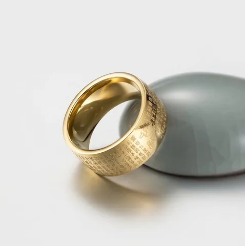 Vintage Stainless Steel Heart Sutra Buddhist Ring For Men Women Gold Plated Wide Band Religious Script Engraved Zen Jewelry Gift