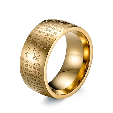 Vintage Stainless Steel Heart Sutra Buddhist Ring For Men Women Gold Plated Wide Band Religious Script Engraved Zen Jewelry Gift
