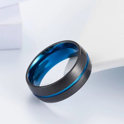 Anello Minimalista in Acciaio Inossidabile da Uomo Nero Blu Color Block Spazzolato Stile Industriale Gioielli di Moda Regalo