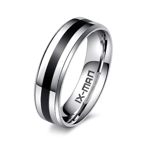 Anello da Uomo in Acciaio Inossidabile 6mm Lucidato a Specchio Fedina con Striscia Nera Bordo Smussato Gioielli Moda Uomo