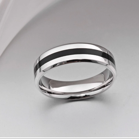 Anello da Uomo in Acciaio Inossidabile 6mm Lucidato a Specchio Fedina con Striscia Nera Bordo Smussato Gioielli Moda Uomo