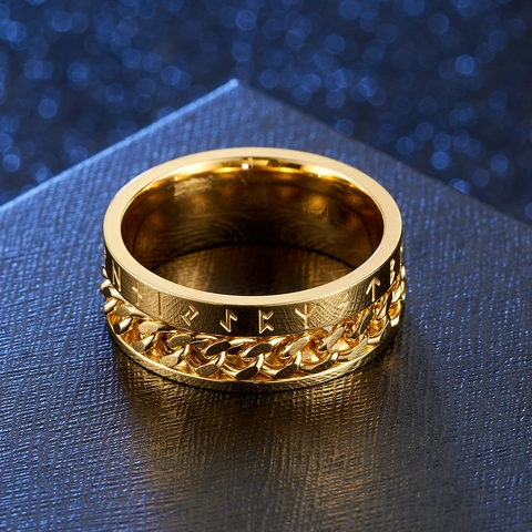 Anillo de Cadena Giratoria con Runas Vikingas Nórdicas de Cobre Galvanizado Spinner Fidget Ring Joyería Vintage Gótica Punk para Hombres y Mujeres
