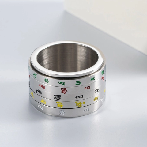 Bague Rotative Mantra Bouddhiste Tibétain Acier Inoxydable Multicouche Bague de Doigt Ethnique Religieuse Bijoux pour Hommes Femmes