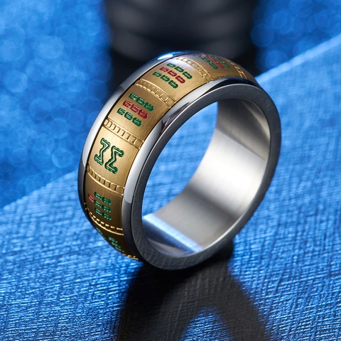 Anello Spinner Mahjong Vintage Acciaio Inossidabile Caratteri Cinesi Anello Rotante Sollievo dallo Stress Gioielli per Uomo Donna