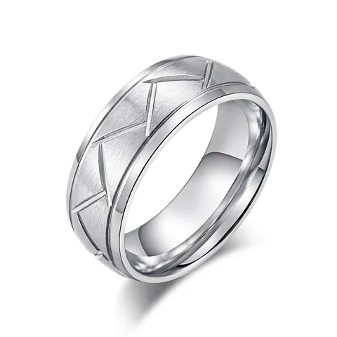 Anillo de Acero Inoxidable Cepillado para Hombre Negro Plata Patrón Geométrico Acabado Mate Anillo de Banda de Ajuste Cómodo Joyería de Moda Streetwear