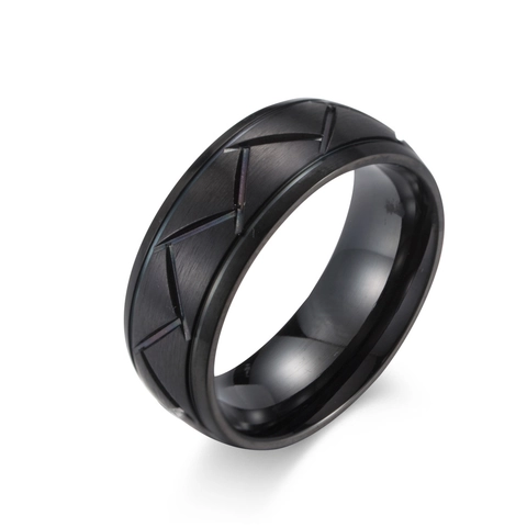 Anillo de Acero Inoxidable Cepillado para Hombre Negro Plata Patrón Geométrico Acabado Mate Anillo de Banda de Ajuste Cómodo Joyería de Moda Streetwear