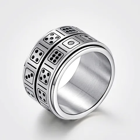 Vintage Stainless Steel Dice Pattern Spinner Ring For Men Retro Rotatable Stress Relief Jewelry Punk Wide Band Ring Gift