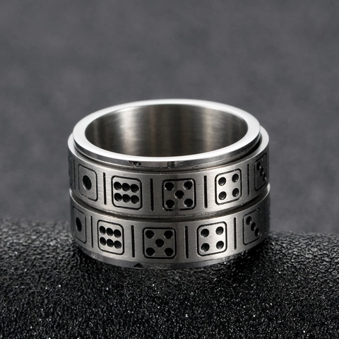 Vintage Stainless Steel Dice Pattern Spinner Ring For Men Retro Rotatable Stress Relief Jewelry Punk Wide Band Ring Gift