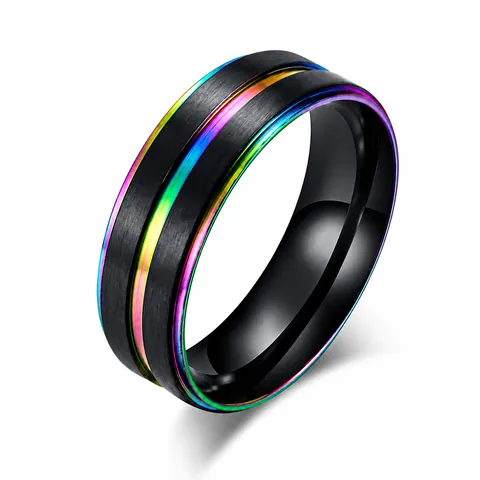 Brushed Stainless Steel Black Ring For Men Rainbow Gold Plated Parallel Groove Geometric Band Fashion Jewelry Men Finger Ring
