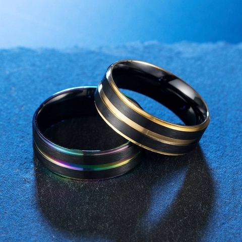 Brushed Stainless Steel Black Ring For Men Rainbow Gold Plated Parallel Groove Geometric Band Fashion Jewelry Men Finger Ring