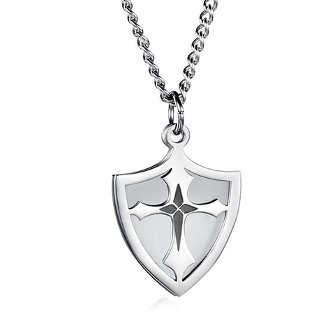 Collar de Colgante de Cruz de Escudo de Acero Inoxidable Para Hombre Versículo Bíblico Grabado Joyería Estilo Retro Punk Con Cadena