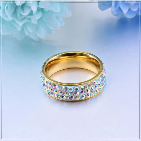 Anello a Fascia in Acciaio Inossidabile Placcato Oro 18K Con Strass Colore AB Multiriga Elegante Gioiello Scintillante da Donna