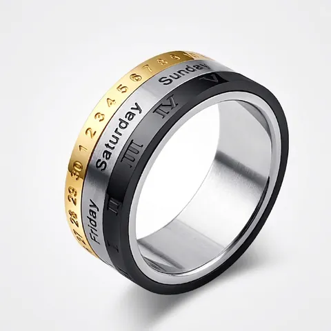 Draaibare Roestvrijstalen Kalender Ring Voor Heren 18K Verguld Romeinse Cijfers Dagen Arabische Cijfers Spinner Ring Sieraden Cadeau