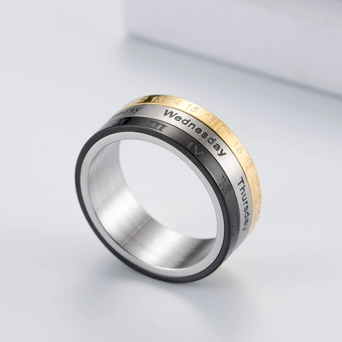 Draaibare Roestvrijstalen Kalender Ring Voor Heren 18K Verguld Romeinse Cijfers Dagen Arabische Cijfers Spinner Ring Sieraden Cadeau