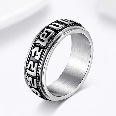 Vintage Edelstahl Spinner Ring Für Herren Damen Buddhistisches Mantra Drehbarer Ring Relief Ethnisch Religiöser Fingerschmuck