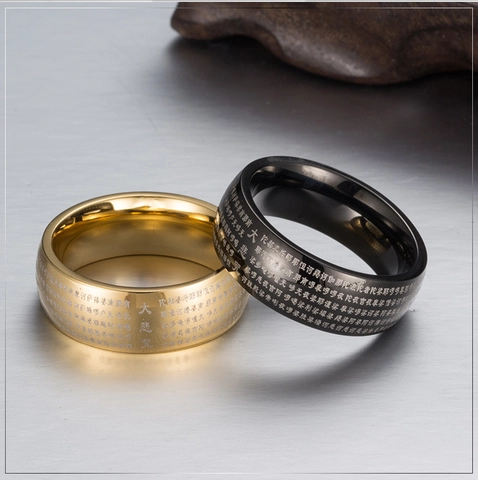 Herren Edelstahl Ring Chinesischer Stil Buddhistisches Mantra Lasergraviert Religiöser Schmuck Geschenk Schwarz Gold