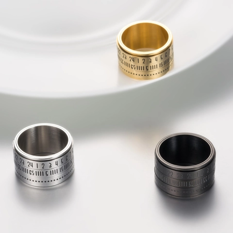 Anillo Spinner de Acero Inoxidable para Hombre Mujer Giratorio Números Arábigos Romanos Calendario Tiempo Alivio del Estrés Joyería Estilo Industrial