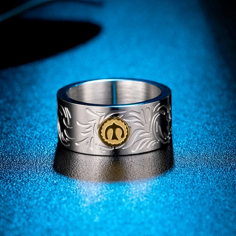 Anello in Acciaio Inossidabile Inciso con Arabeschi Vintage Anello Largo Bicolore con Rilievo Uccello Oro Gioielli Punk Retro per Uomo Donna