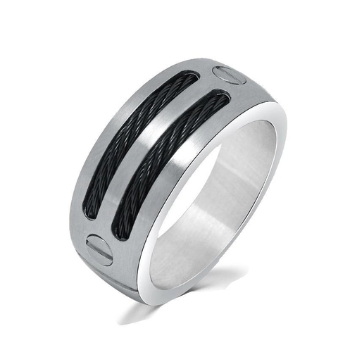 Industrieller Edelstahl Ring Für Herren Doppelter Schwarzer Drahtseil Gebürstetes Mattes Finish Schraubendekoration Bandring Schmuck