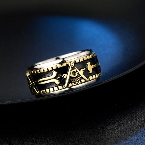 Men's Retro Titanium Steel Rotating Freemasonry Ring Square Compass Letter G Vintage Masonic Jewelry Band Gold Silver Steel
