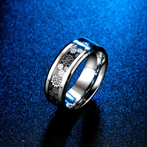 Bague Engrenage Mécanique Steampunk en Acier Inoxydable Avec Insertion en Fibre de Carbone Style Industriel Bijoux Homme