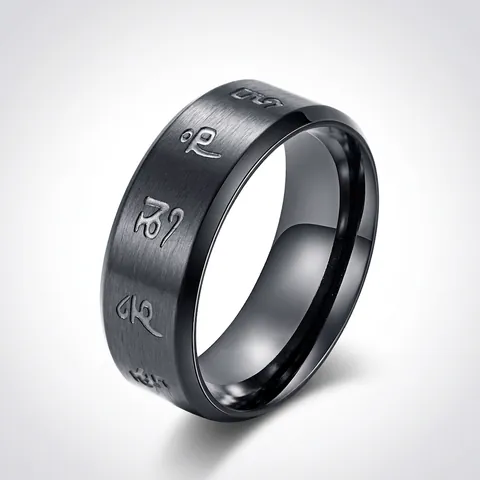 Brushed Black Stainless Steel Ring For Men Religious Buddhist Heart Mantra Engraved Band Finger Ring Fashion Jewelry Gift