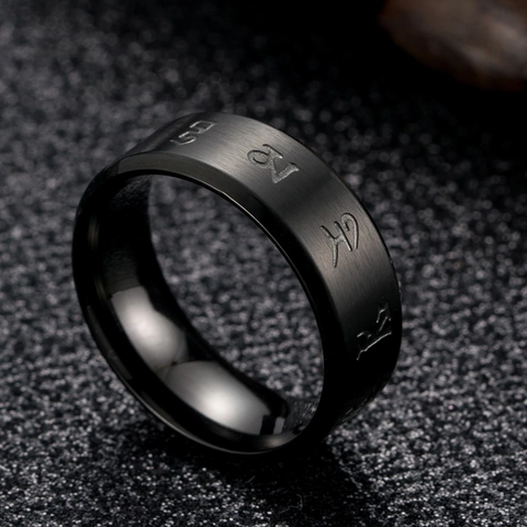 Brushed Black Stainless Steel Ring For Men Religious Buddhist Heart Mantra Engraved Band Finger Ring Fashion Jewelry Gift
