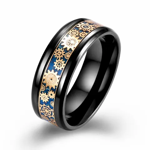 Bague en Acier Inoxydable avec Engrenage Mécanique Homme Steampunk Style Industriel Texture Fibre de Carbone Hip Hop