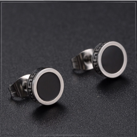 Round Stud Earrings Stainless Steel Black Greek Key Pattern Vintage Punk Hip Hop Ear Jewelry For Men Boys Daily Wear