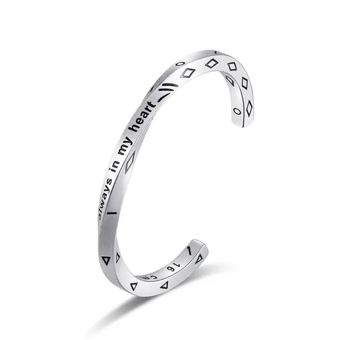 Bracciale Rigido Torsadé in Acciaio Inossidabile Opaco Spazzolato Always In My Heart Inciso Simboli Geometrici Uomo Donna