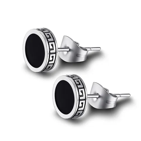 Round Stud Earrings Stainless Steel Black Greek Key Pattern Vintage Punk Hip Hop Ear Jewelry For Men Boys Daily Wear