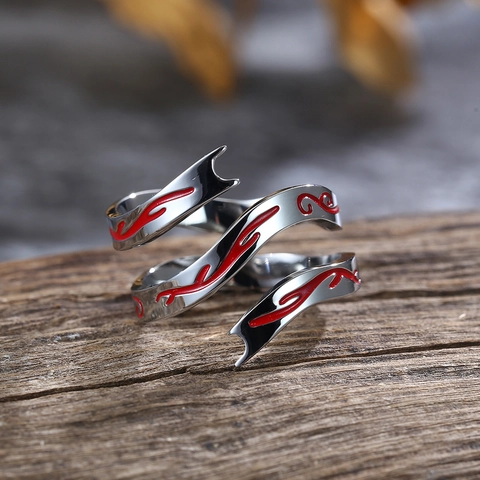Vintage Stainless Steel Spiral Wrap Ring Red Enamel Flame Cloud Pattern Polished Punk Jewelry For Men Women Cosplay Accessory