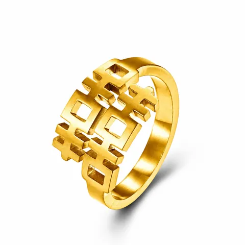 Ethnic Style Stainless Steel Double Happiness Hollow Out Ring For Men Women Vintage Brushed Gold Silver Plated Band Ring Jewelry