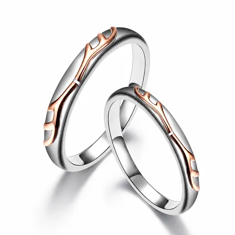 Minimalist Stainless Steel Antler Couple Ring Forest Style Rose Gold Silver Two Tone Deer Horn Fashion Jewelry Ring Gift For Lovers