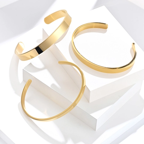 Minimalist Stainless Steel Open Cuff Bracelet For Men Women Adjustable Polished Plain Bangle Geometric Fashion Jewelry Unisex Bracelet