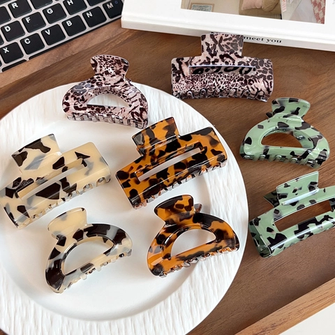 French Retro Leopard Tortoise Shell Hair Claw Clips Large Rectangular Semi Circle Acetate Look Hair Clips For Women Hair Accessories