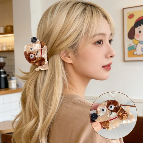 Acetat Welpe Hund Haarklammer Süßes Cartoon Tier Muster Haargreifer Haarschmuck Für Damen Sweet Cool Style Haarklammer