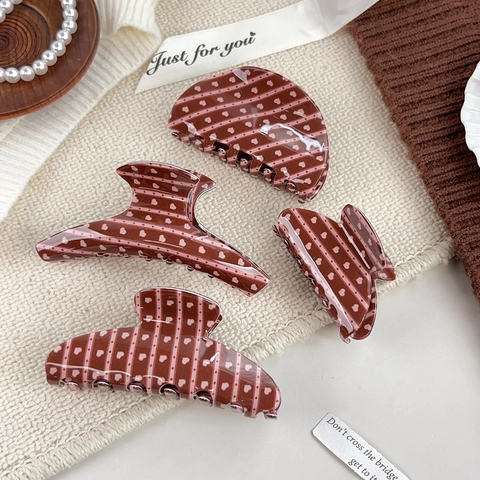 Pinza per Capelli Vintage con Cuore e Righe a Pois per Donna Accessori per Capelli in PVC Acetato Stile Coreano Caffè Rosa